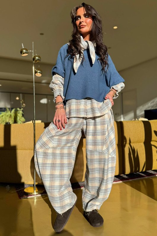 Agnes Plaid Brushed Cotton Barrel Pant Blue
